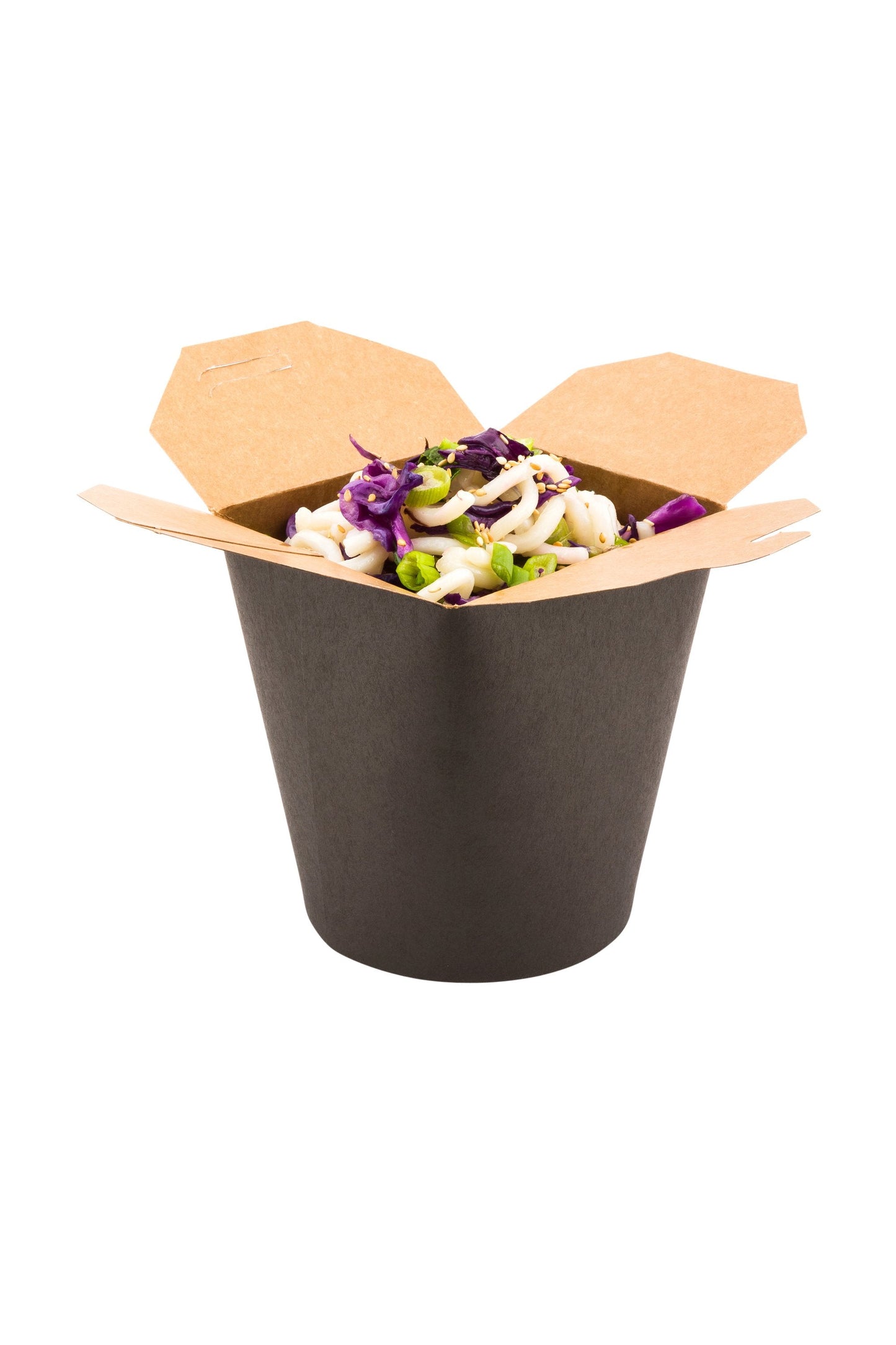 Bio Tek 32 oz Round Black Paper Round Noodle Take Out Container - 4" x 3 1/2" x 4 1/2" - 200 count box