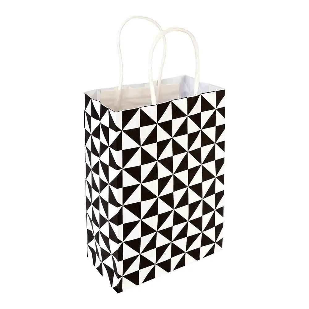 Vogue White Paper Small Shopping Bag - Black Geo Print - 6" x 3 1/4" x 8 1/4" - 100 count box