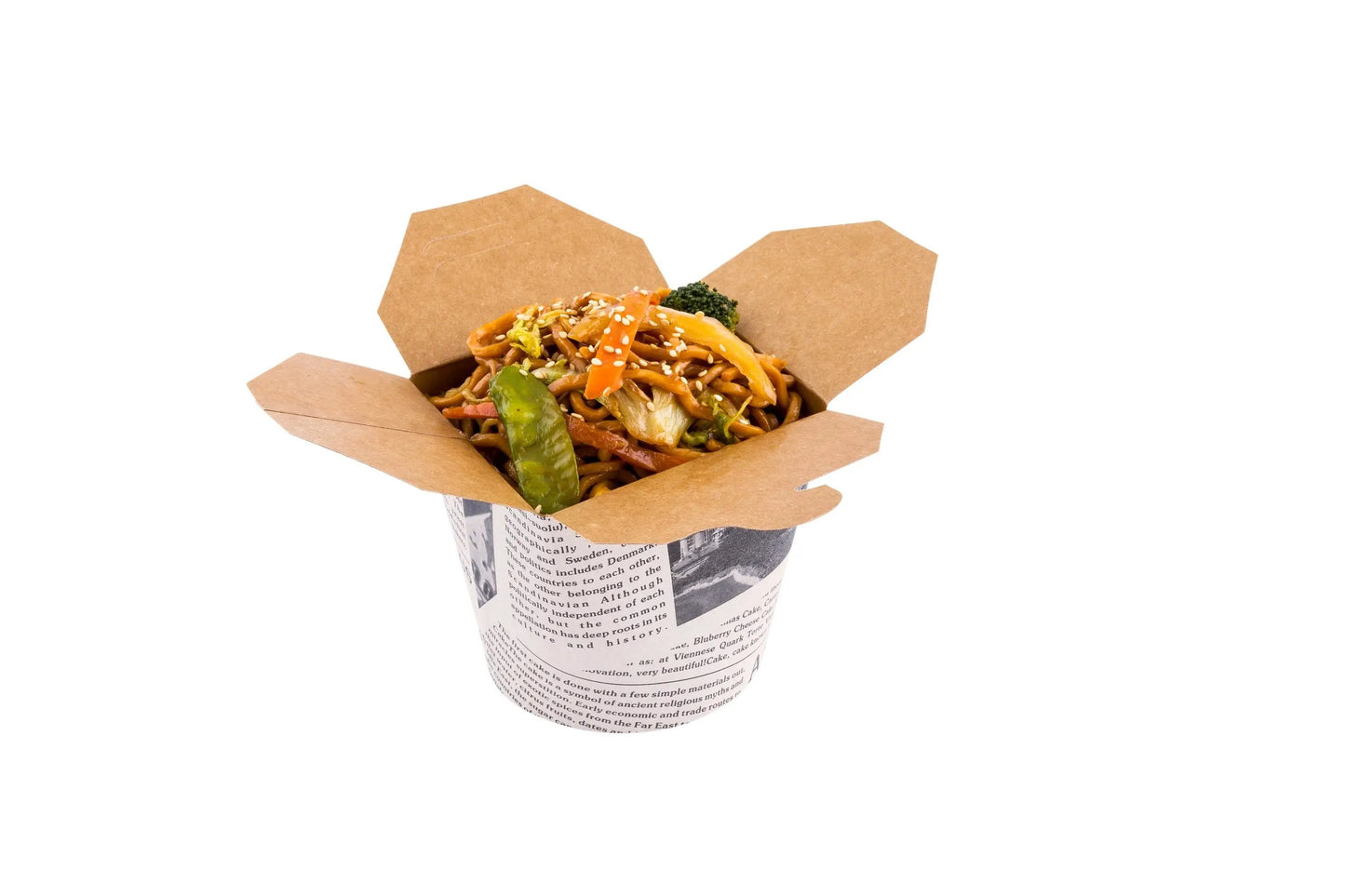 Bio Tek 26 oz Round Newsprint Paper Noodle Take Out Container - 4" x 3 1/2" x 3 3/4" - 200 count box
