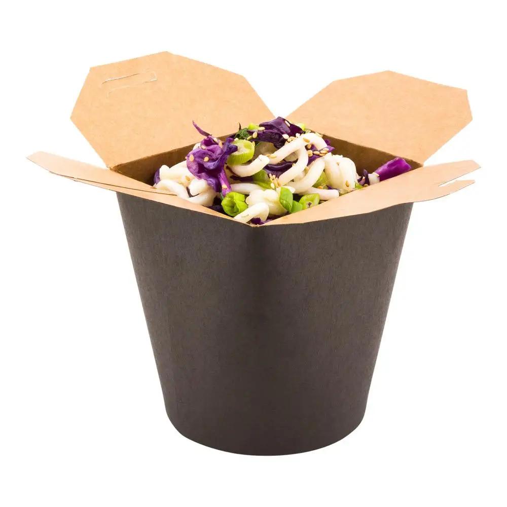 Bio Tek 32 oz Round Black Paper Round Noodle Take Out Container - 4" x 3 1/2" x 4 1/2" - 200 count box