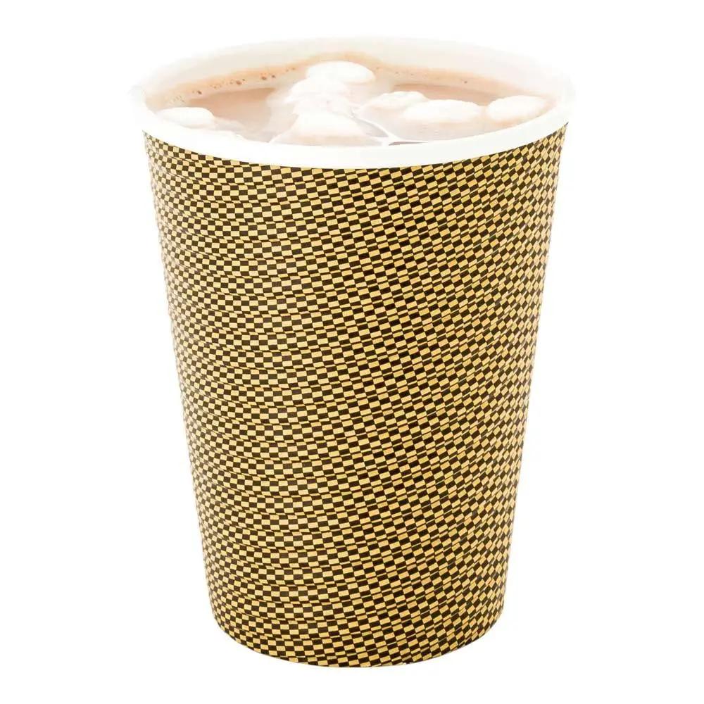 12 oz Mocha Pin Check Paper Coffee Cup - Spiral Wall - 3 1/2" x 3 1/2" x 4 1/4" - 500 count box