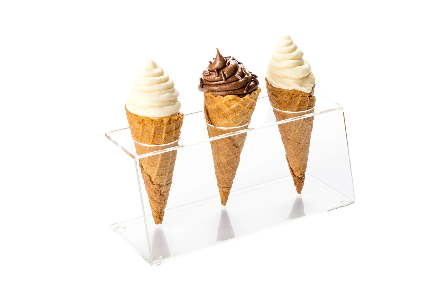 Clear Tek Clear Acrylic Ice Cream Cone Stand - 3 slots - 7" x 2 3/4" x 3 1/4" - 1 count box - www.ecoware.ae                               