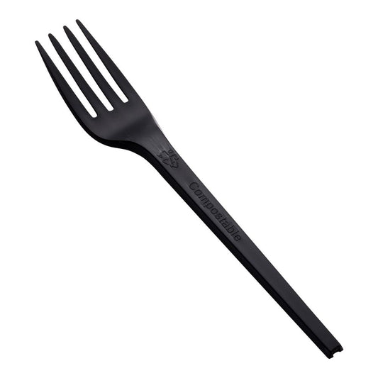 Basic Nature Black CPLA Plastic Fork - Heat-Resistant, Compostable - 6 1/2" x 1" x 1/2" - 250 count box - www.ecoware.ae                               