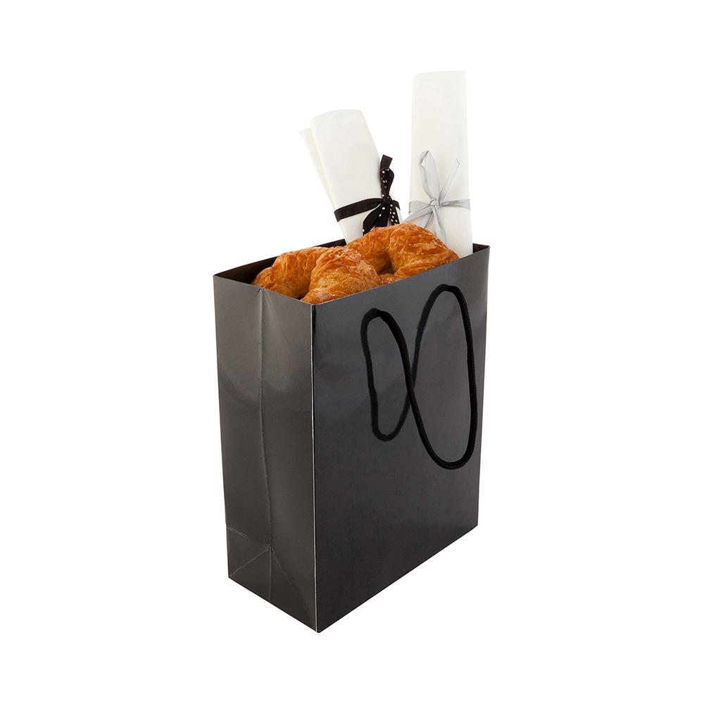 Extra Small Black Glossy Shopping and Takeout Bag with Rope Handles 12.7 cm x 13.97 cm 10 count box