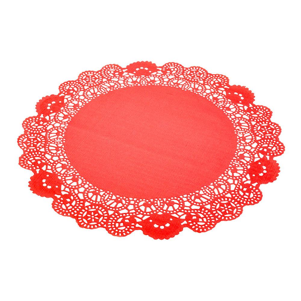 Pastry Tek Red Paper Doilies - Lace - 12" x 12" - 100 count box - www.ecoware.ae                               