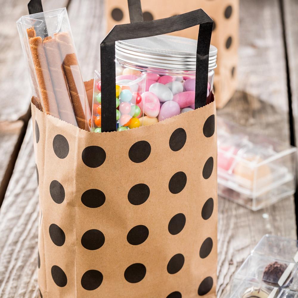 Saving Nature Kraft Paper Small Shopping Bag - Black Polka Dot - 6" x 3 1/4" x 8 1/4" - 100 count box